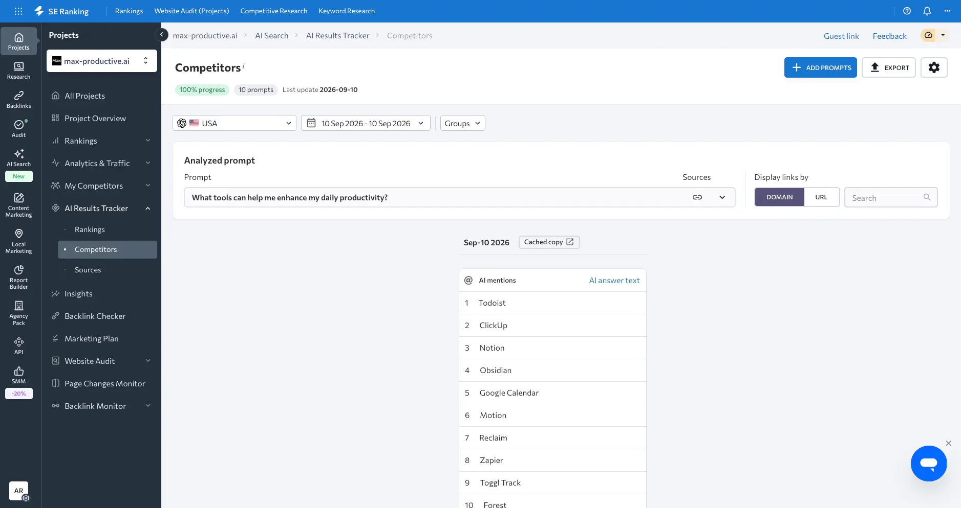 SE Ranking AI Results Tracker competitors view for the prompt 'What tools can help me enhance my daily productivity?' listing Todoist, ClickUp, Notion, Obsidian, Google Calendar, Motion, Reclaim, Zapier, Toggl Track and Forest as AI mentions