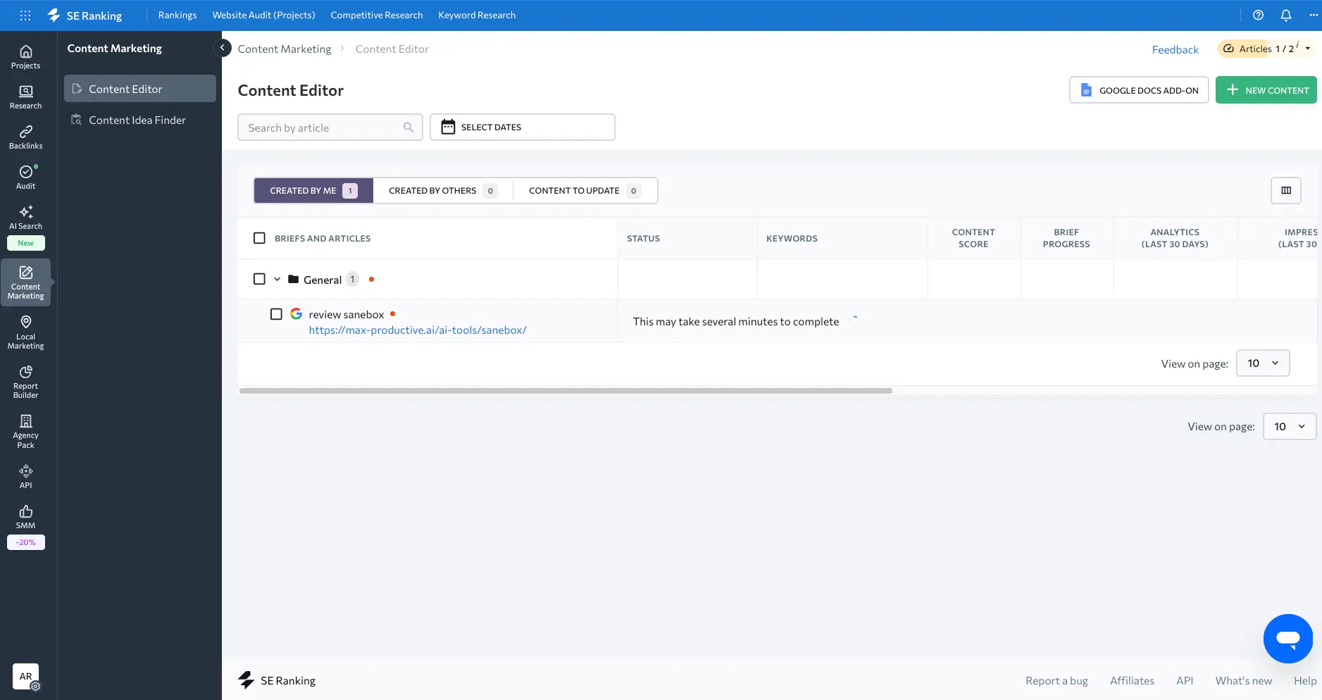 SE Ranking Content Editor listing a brief for a SaneBox review page with status, keywords, content score, brief progress and analytics columns, plus a Google Docs add-on button