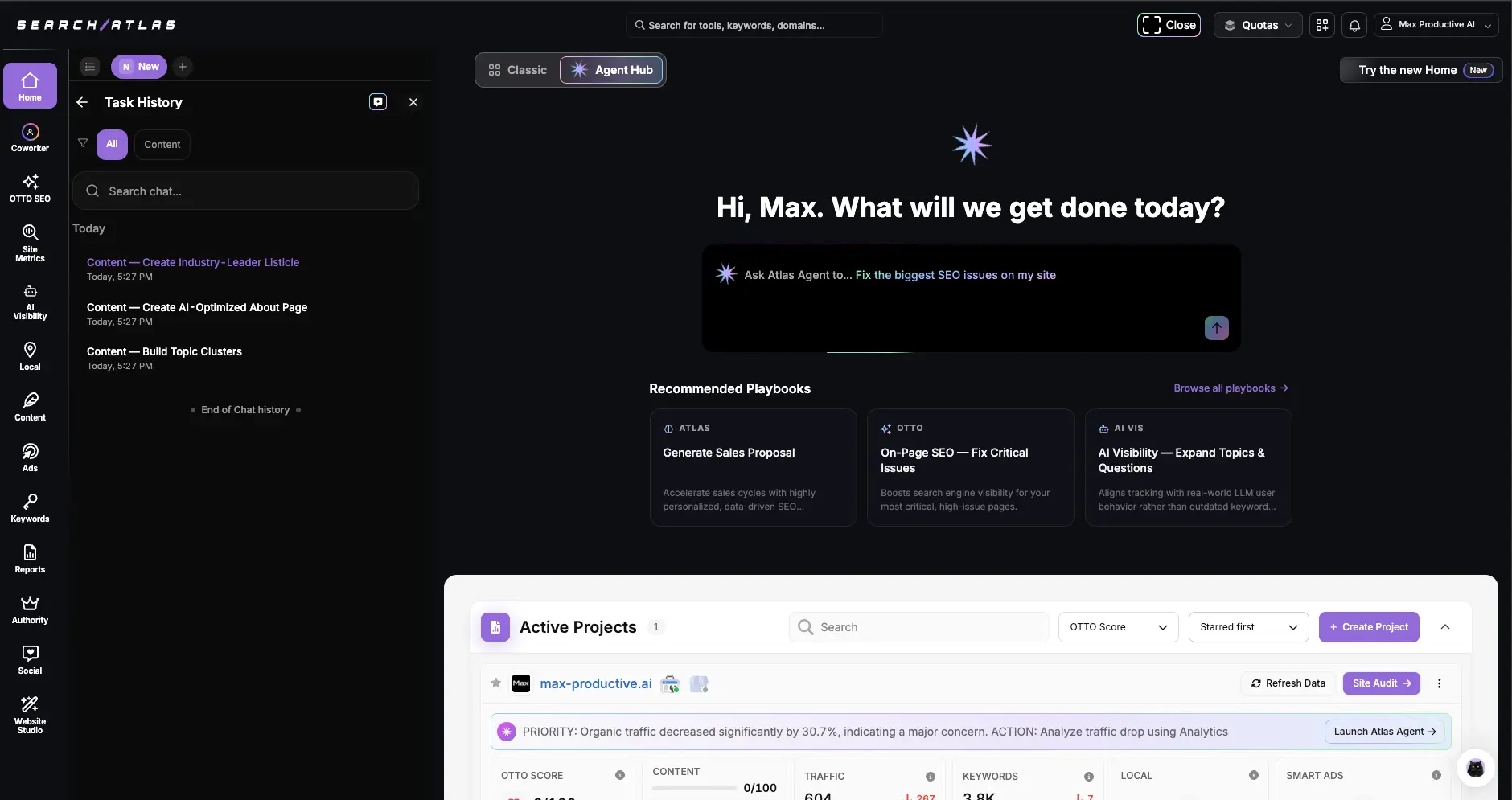 Search Atlas Agent Hub dashboard with the Atlas Agent prompt, recommended playbooks and the max-productive.ai active project panel