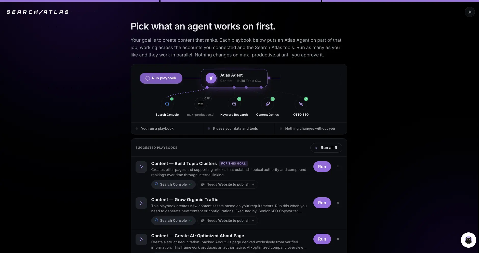 Search Atlas Atlas Agent playbook screen showing connected tools and suggested playbooks such as Build Topic Clusters and Grow Organic Traffic
