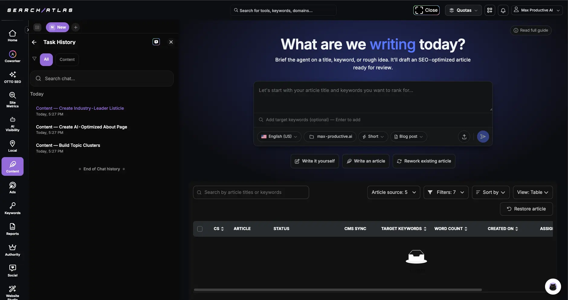 Search Atlas Content Genius screen asking what are we writing today, with language, project, length and content type settings and an article tracking table
