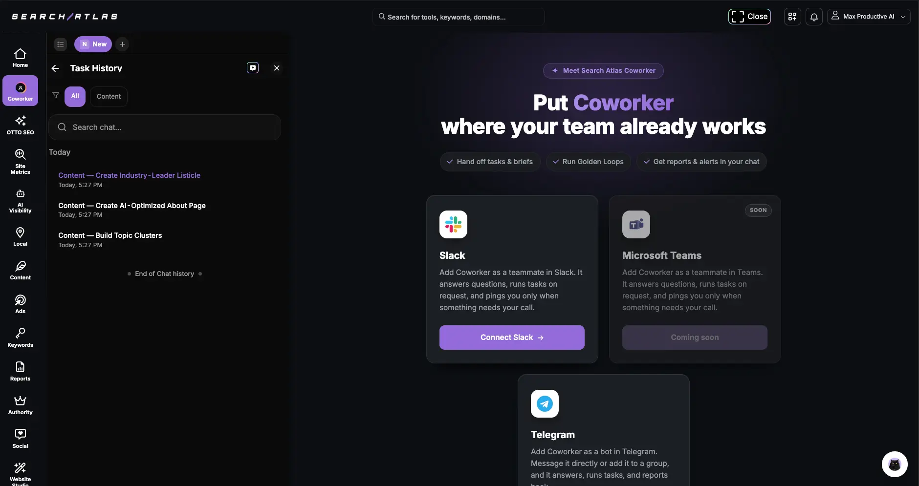 Search Atlas Coworker page offering Slack, Microsoft Teams and Telegram integrations for handing off tasks, running Golden Loops and receiving reports