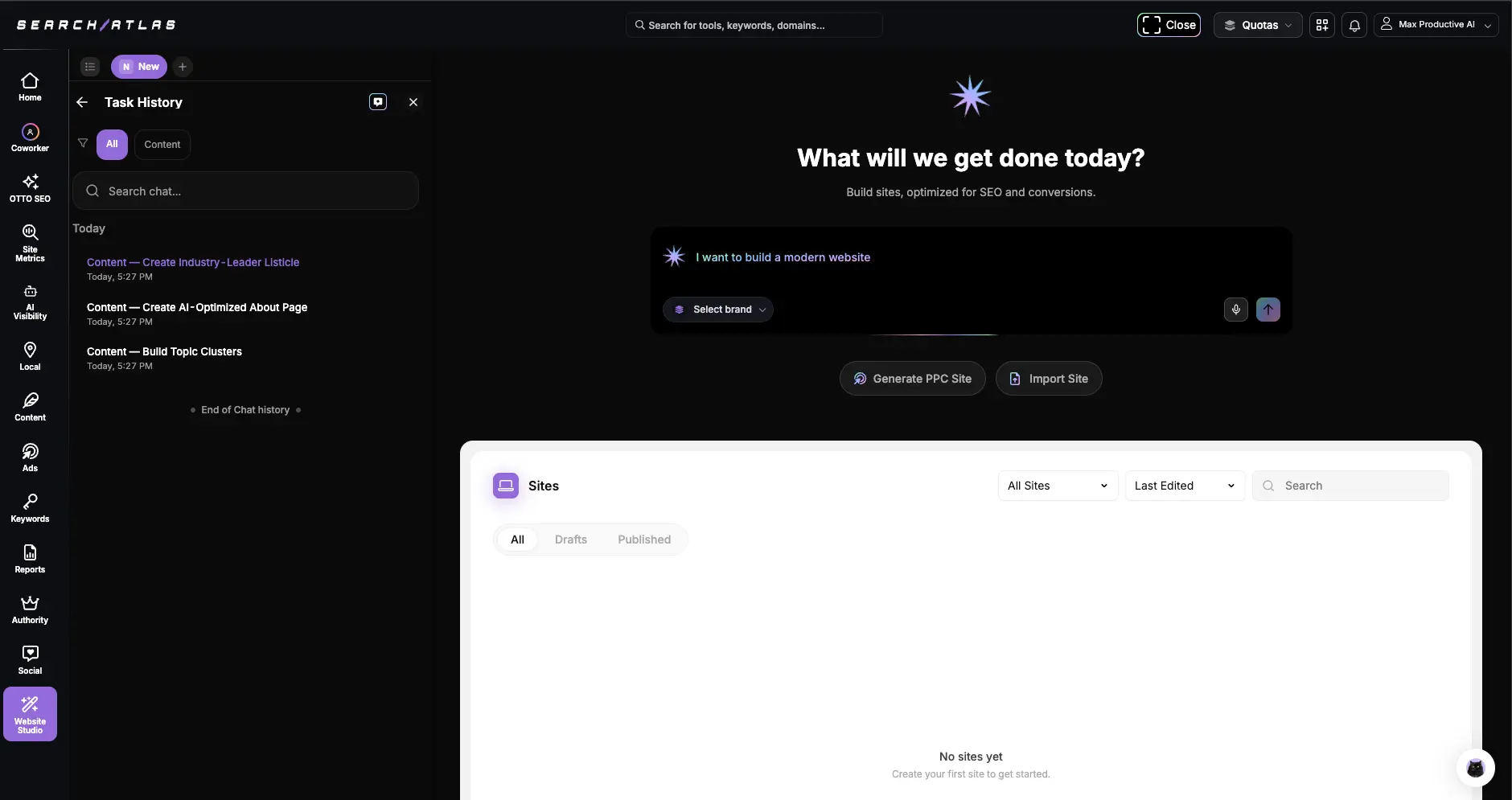 Search Atlas Website Studio with a prompt to build a modern website, Generate PPC Site and Import Site buttons, and an empty sites list