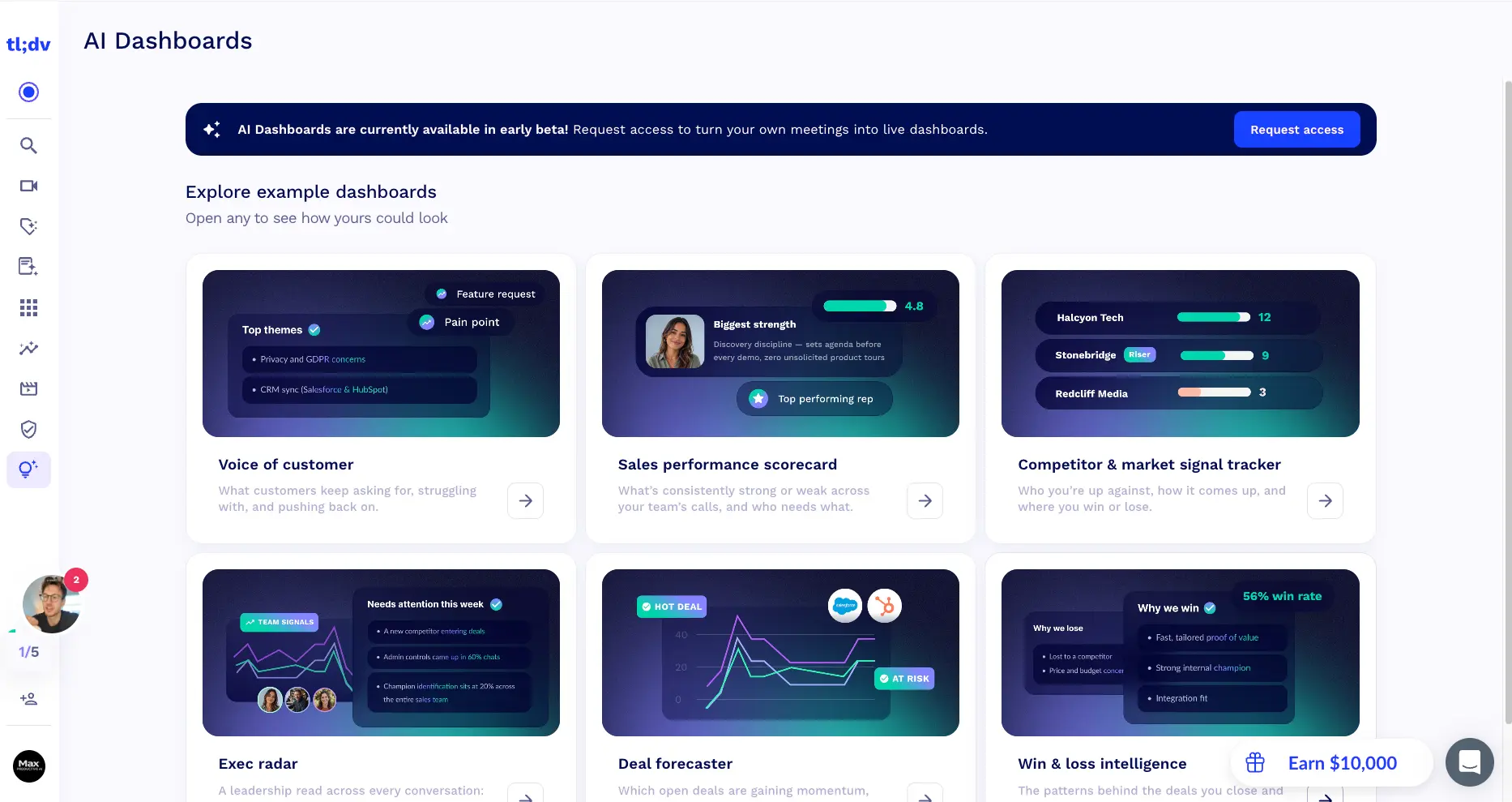tl;dv AI dashboards beta showing example dashboards for voice of customer, sales performance scorecard, competitor tracker, deal forecaster, and win-loss intelligence