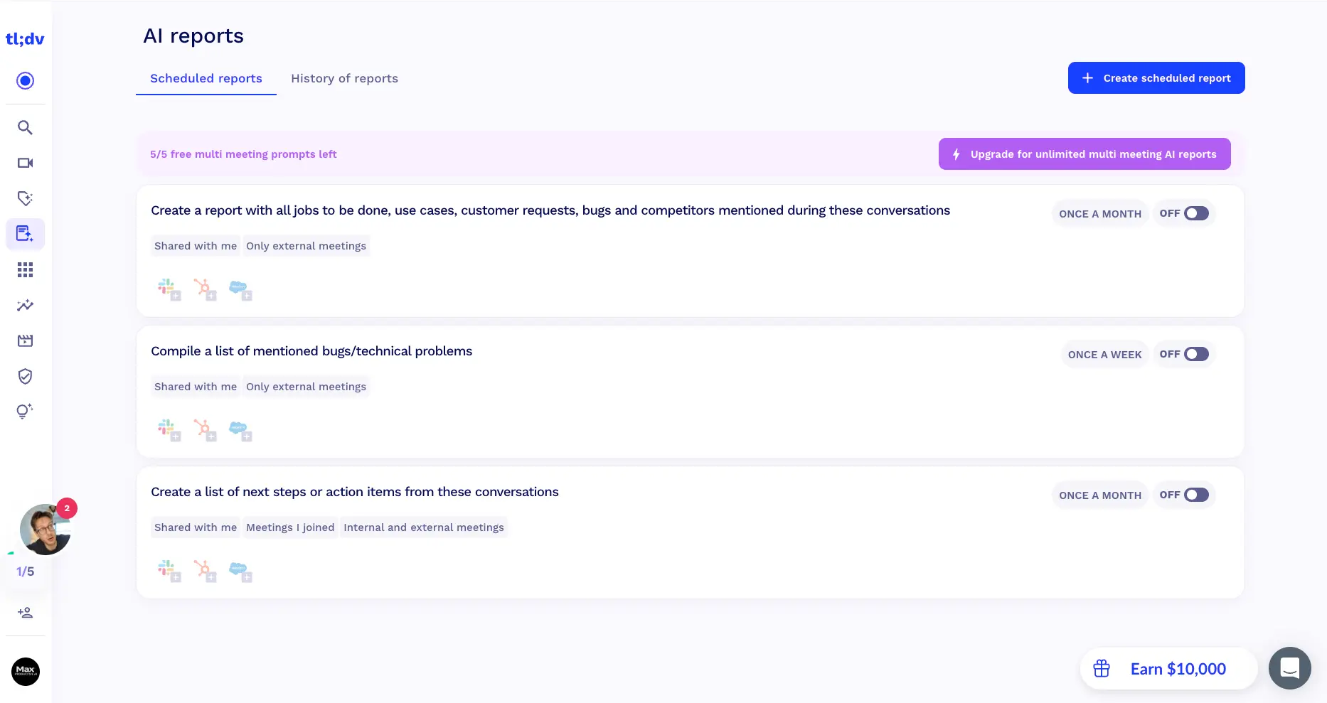 tl;dv AI reports screen with scheduled multi-meeting reports for customer requests, bugs, and action items, set to run weekly or monthly