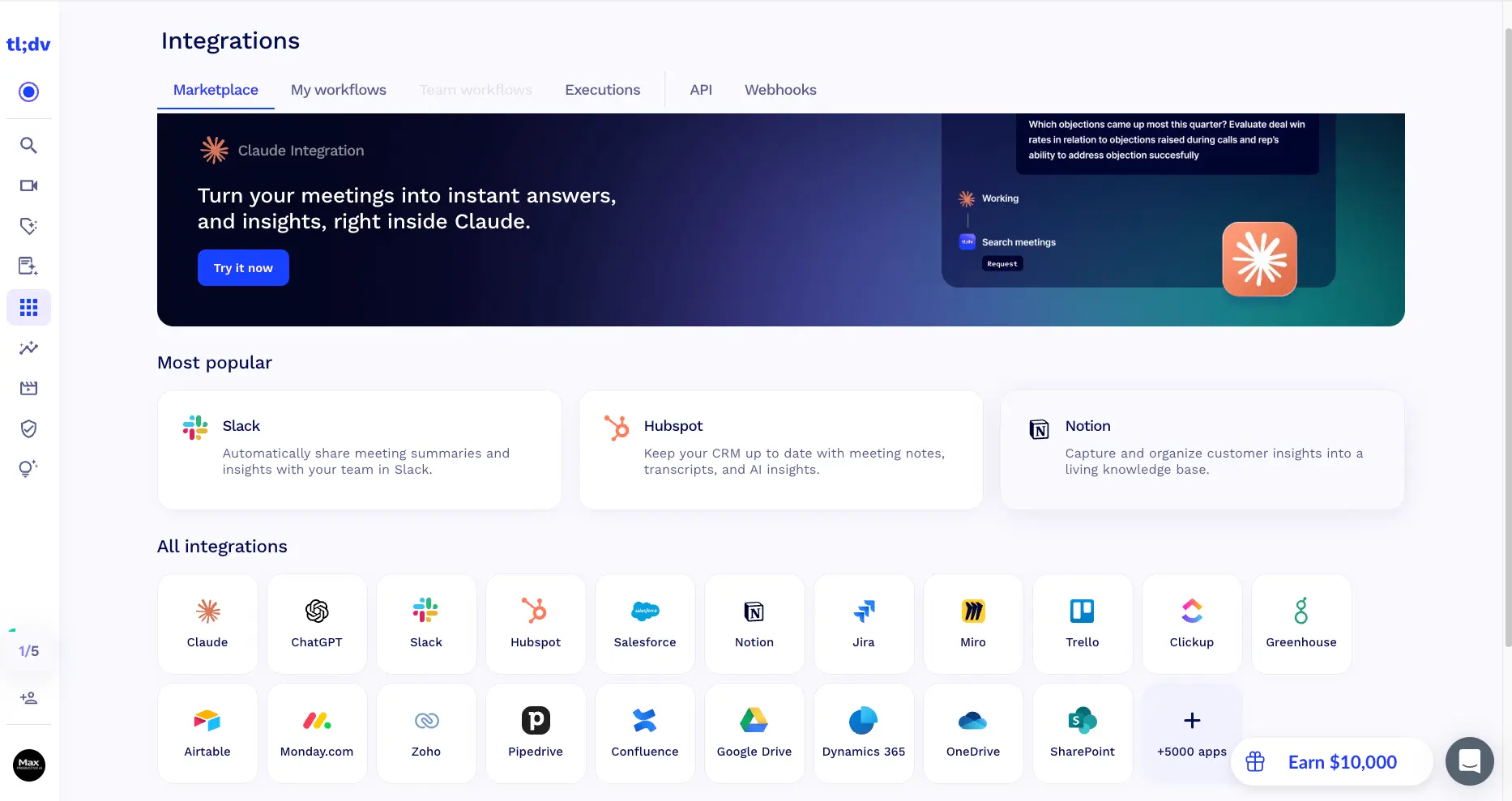 tl;dv integrations marketplace showing Slack, HubSpot, Notion, Salesforce, Jira, ClickUp, Claude, ChatGPT and more, with API and webhooks tabs