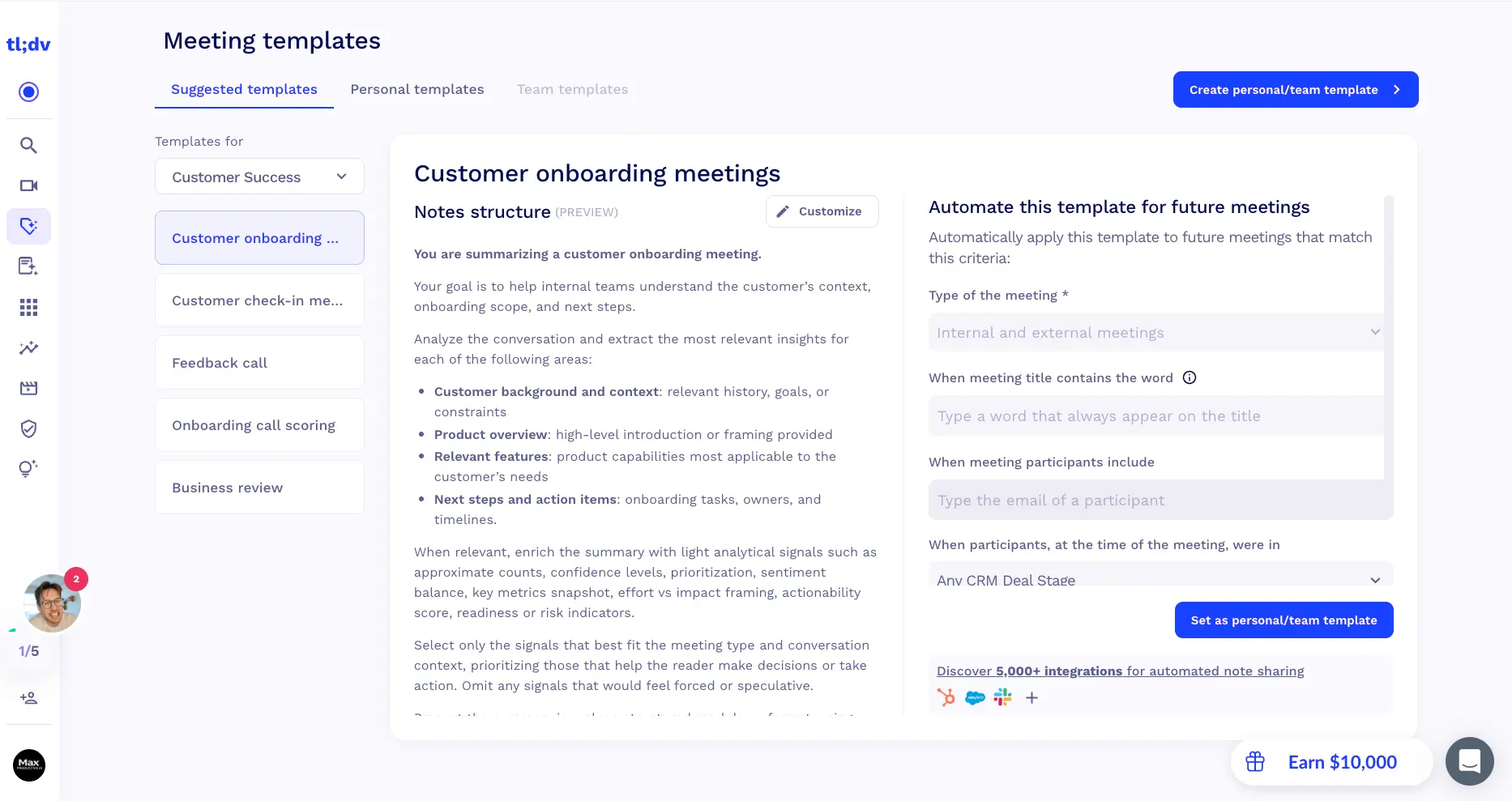 tl;dv meeting templates screen showing customer success templates, editable notes structure, and rules to auto-apply a template to future meetings