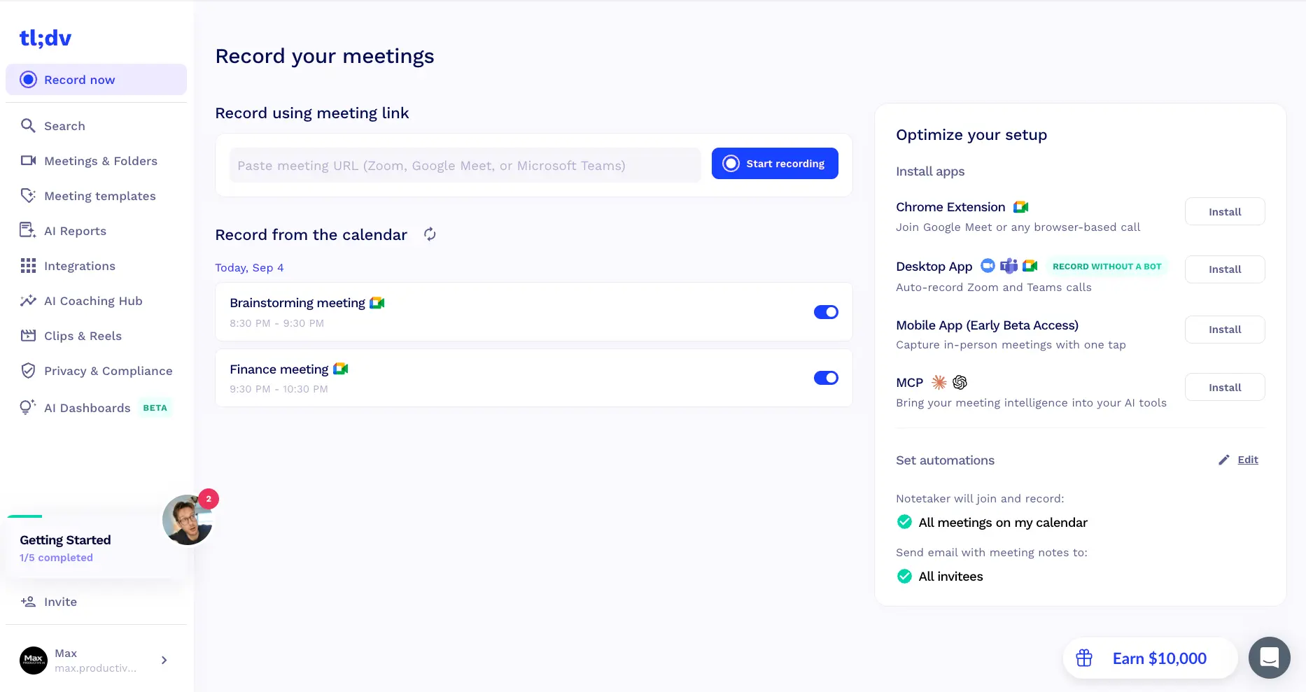 tl;dv record screen showing meeting link input, calendar meetings with recording toggles, and desktop app option to record without a bot
