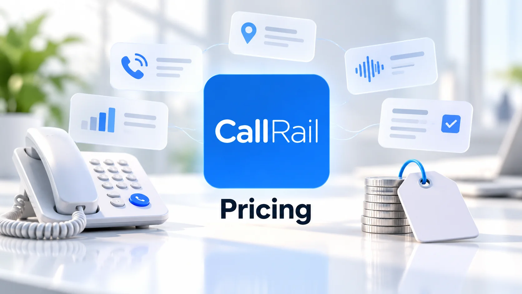 CallRail pricing guide hero image with the CallRail logo, a white desk phone and a stack of coins with a blank price tag
