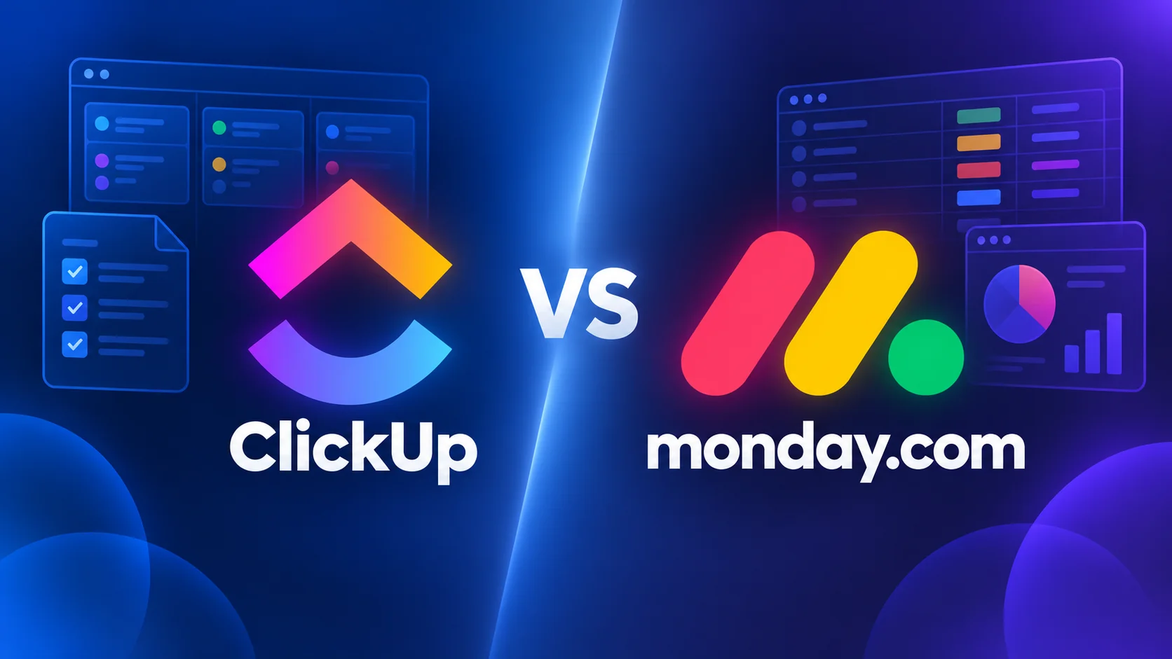 ClickUp vs monday.com comparison graphic with the ClickUp and monday.com logos side by side on a blue and violet background
