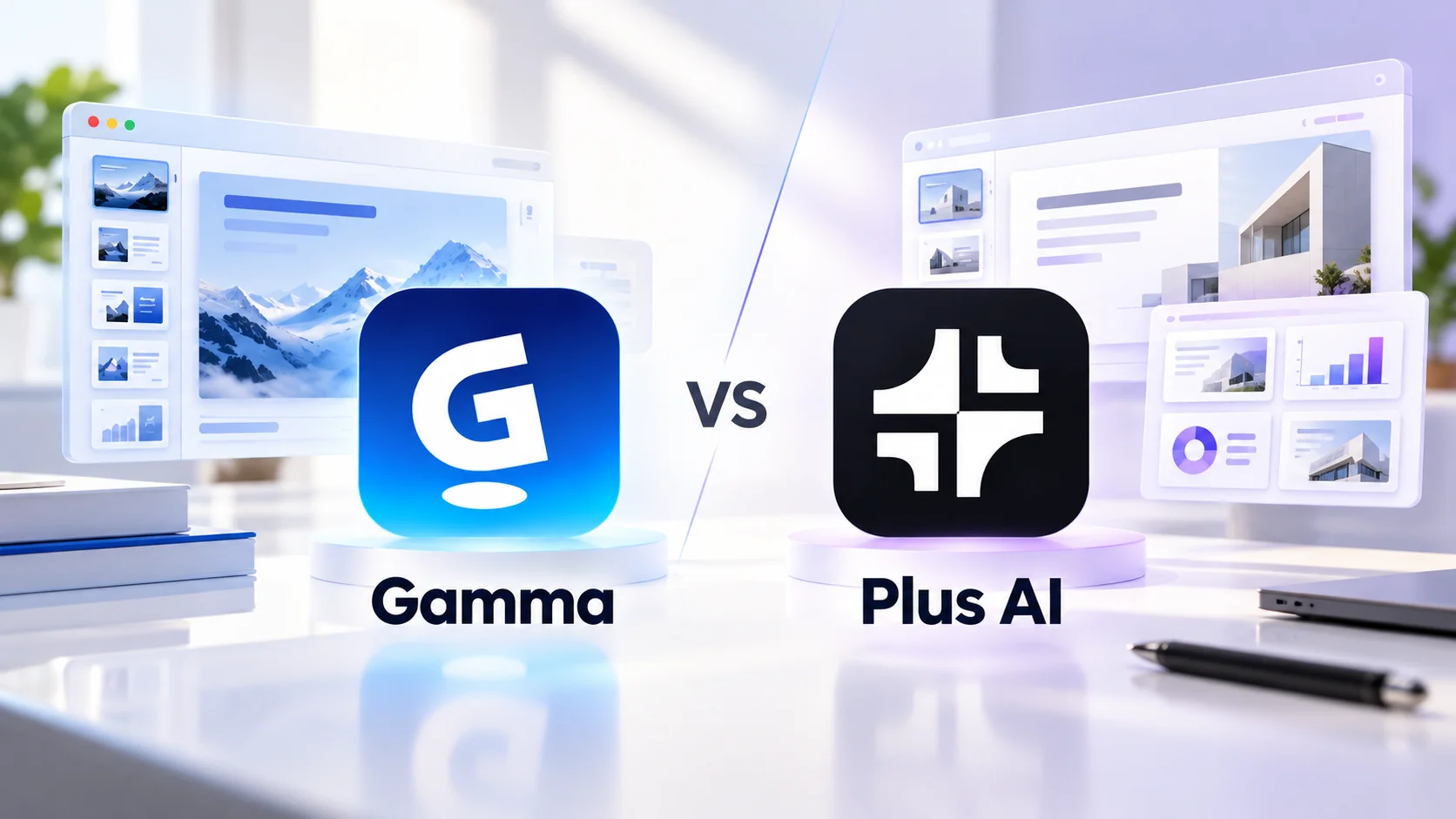 Gamma vs Plus AI comparison graphic with both logos side by side on a bright desk, with slide editor windows floating behind them