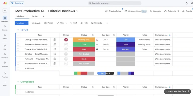 monday.com board for our editorial reviews with owner, status, due date, priority and notes columns, plus a Custom AI prompt column filled for every item