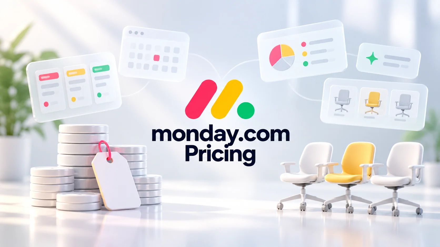 monday.com pricing guide hero with the monday.com logo, a stack of coins with a blank price tag and a row of three office chairs