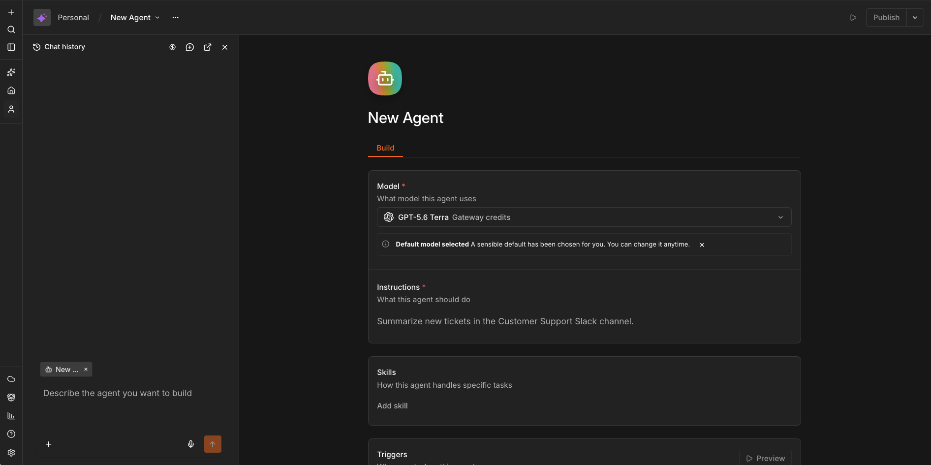 n8n AI agent builder with a model selector set to GPT-5.6 Terra on Gateway credits, an instructions field, a skills section and a chat panel for describing the agent