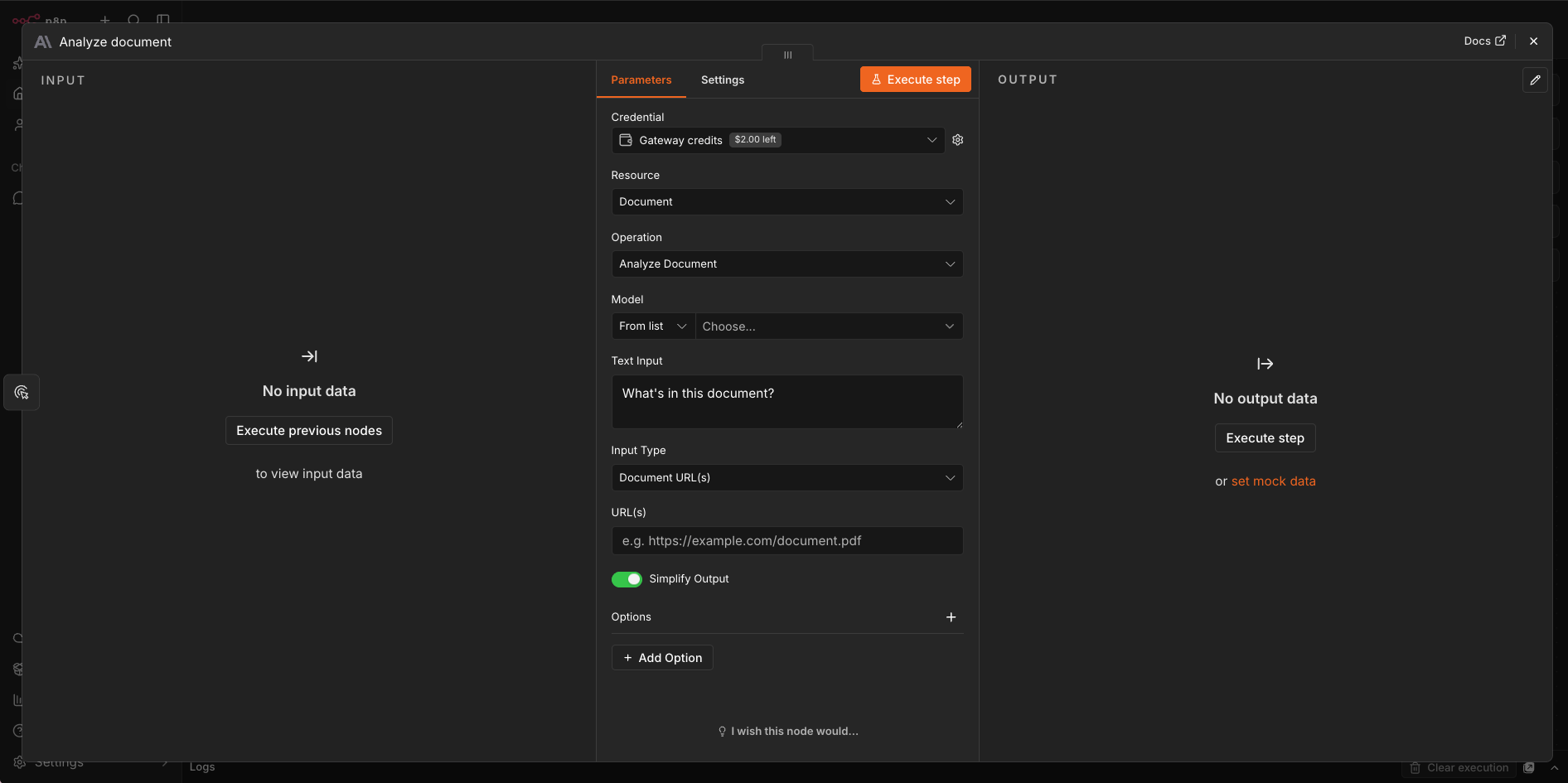 n8n Analyze document node settings with a Gateway credits credential, Document resource, Analyze Document operation, a text prompt and a Document URL field, between empty Input and Output panes