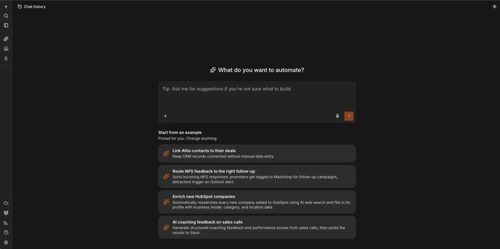 n8n Assistant screen asking What do you want to automate, with a prompt box and four example automations for Attio, NPS feedback, HubSpot and sales call coaching