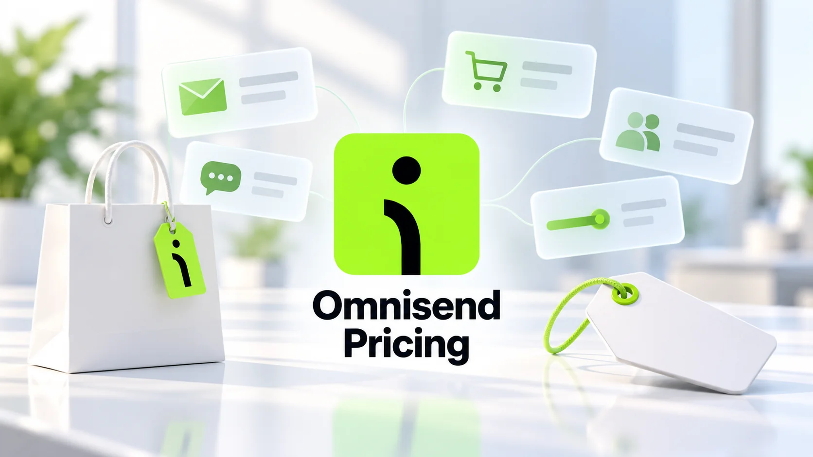 Omnisend pricing guide hero image with the Omnisend logo, a white shopping bag with a green tag and a blank price tag on a lime-green string