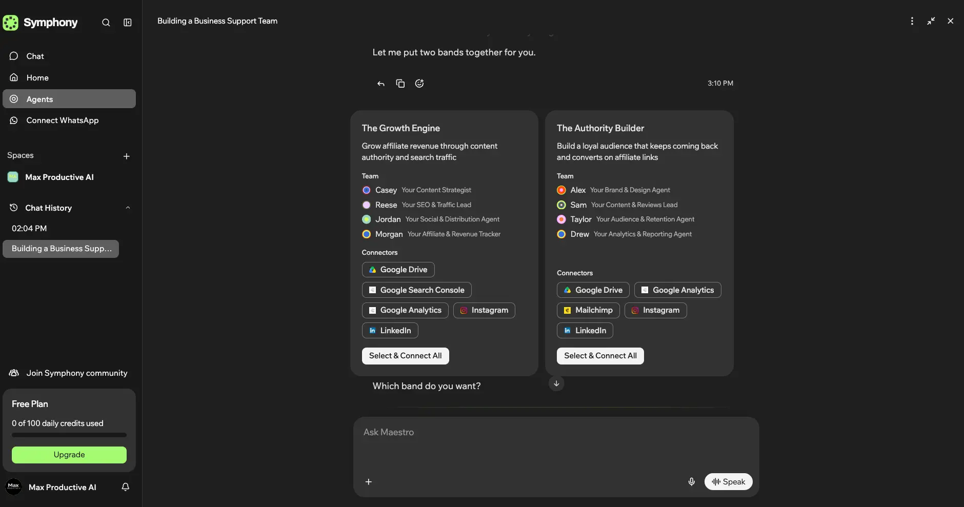 Symphony by Wix Maestro proposing two AI agent bands, The Growth Engine and The Authority Builder, each with four named agents and a list of connectors