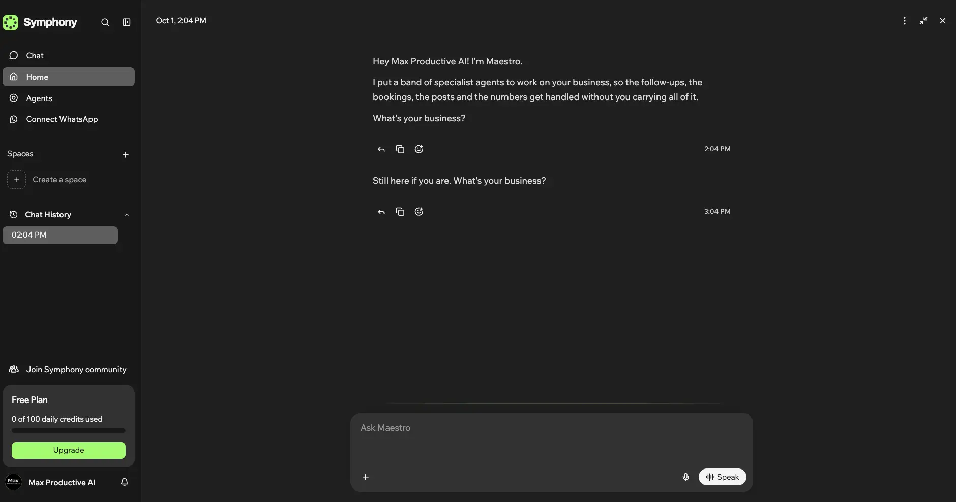 Symphony by Wix Maestro orchestrator greeting Max Productive AI and asking about the business, with the free plan daily credit counter in the sidebar