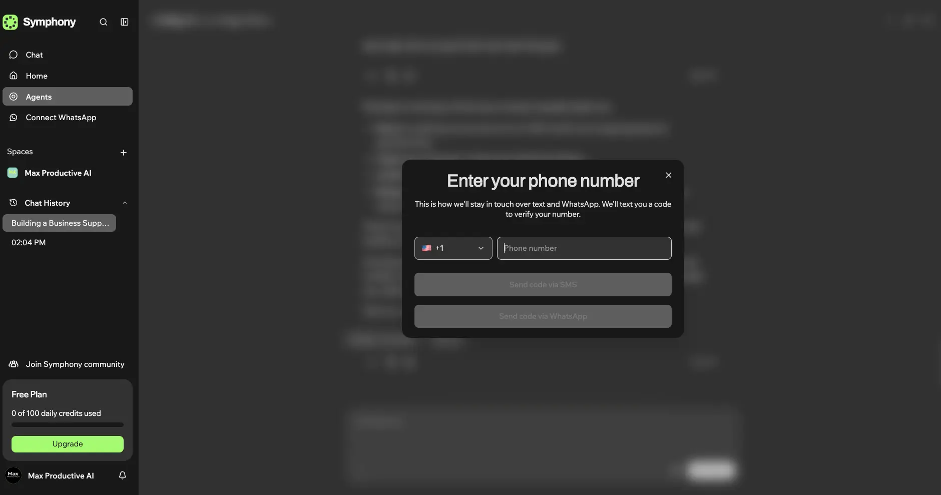 Symphony by Wix Connect WhatsApp dialog asking for a phone number, with a verification code sent by SMS or WhatsApp
